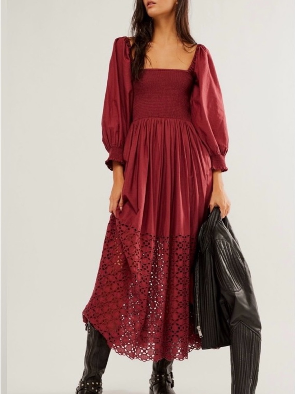 Free People “The Perfect Storm” Midi Dress Eyelet Smocked Cotton Burgundy Size L
